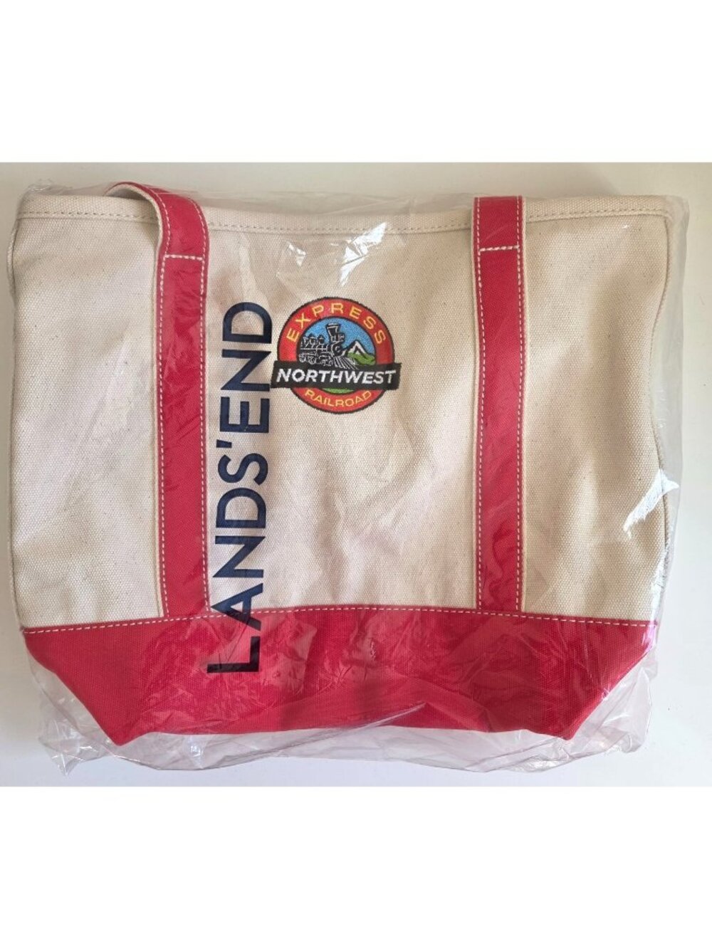 Lands' End Canvas Tote Bag Northwest Railroad Logo Beige & Red 17x13 Large New